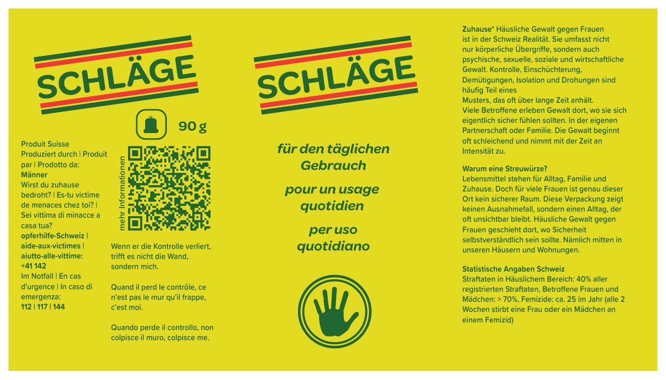 Mehrsprachiger Entwurf einer Gewürzverpackung zum Thema Schläge