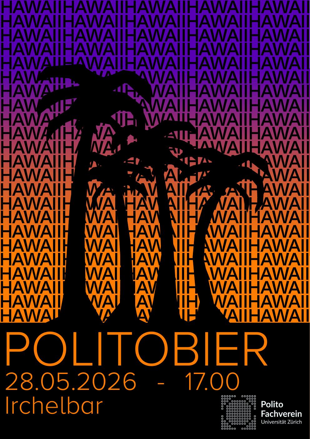 Plakat für das POLITO Bier mit Hawaii Schriftmuster und Palmensilhouetten